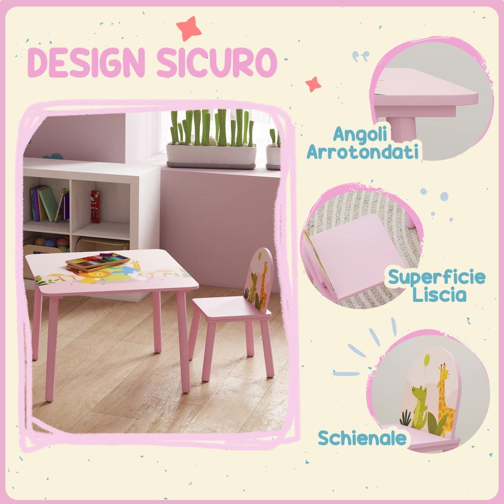 Set Tavolo e Sedie per Bambini 3-8 Anni Disegni di Animali e Bordi Arrotondati in MDF e Legno di Pino Rosa