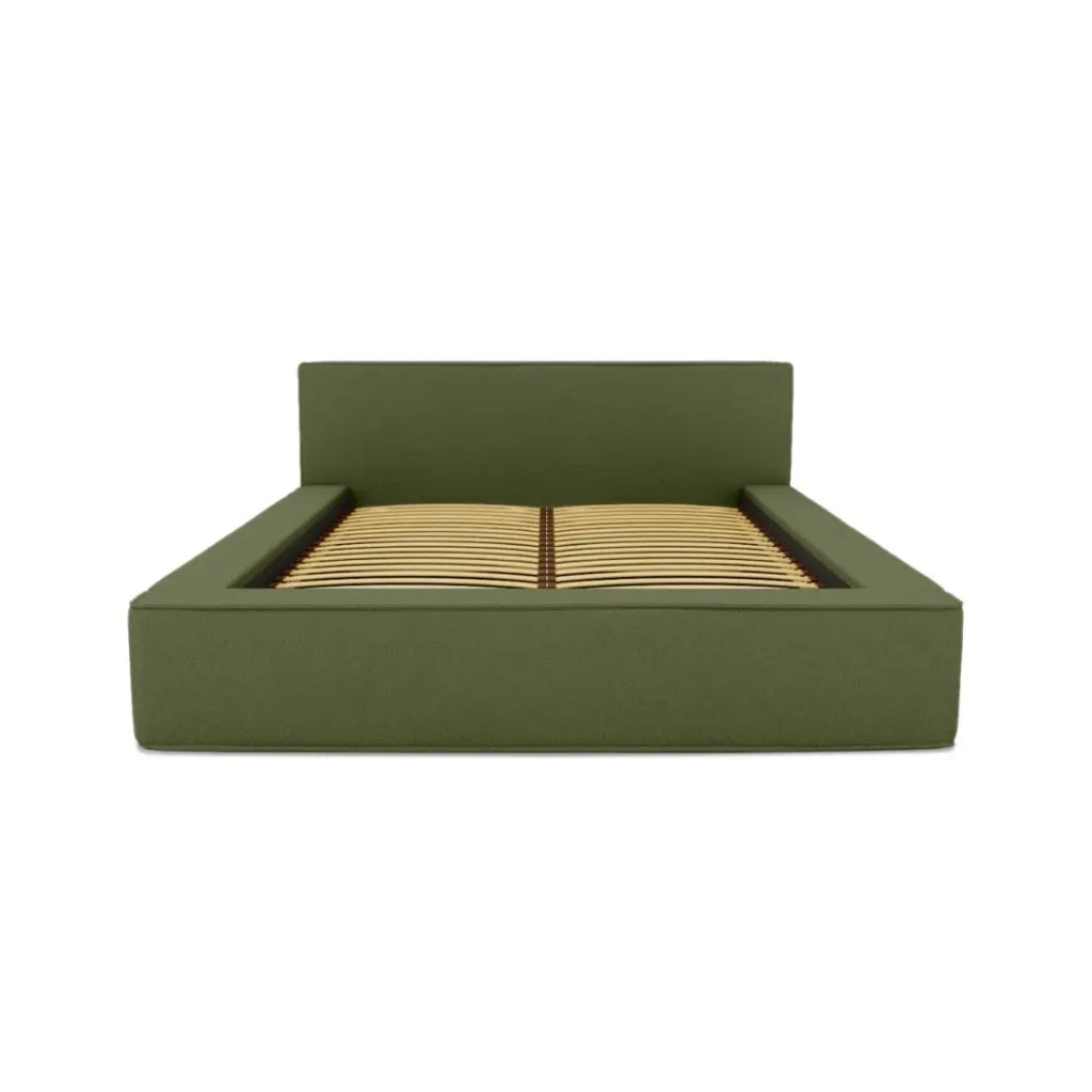Letto contenitore VELORA – Olive bouclé – 160x200 cm – Tessuto velluto morbido – Rete sollevabile – Contenitore integrato