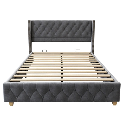 Letto matrimoniale - Xylo - 140x190cm - Grigio - Velluto, borchie, gambe in legno