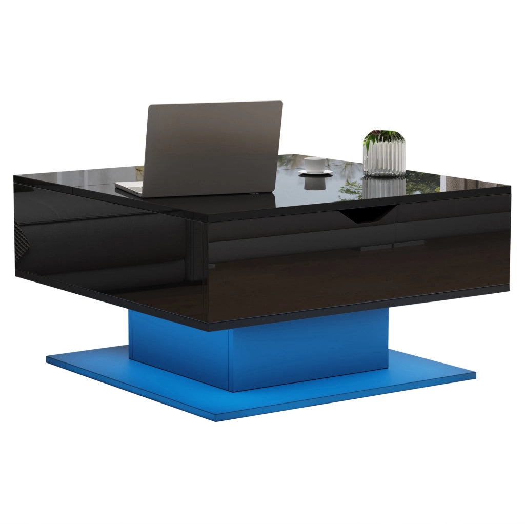 Tavolino da salotto alzabile 80x75x40 cm con LED e vano contenitore; truciolare nero lucido