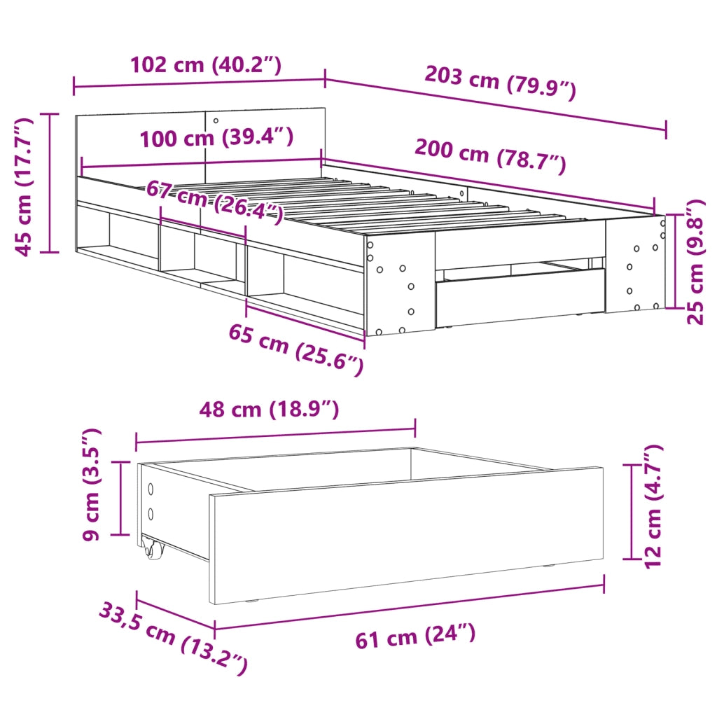 Giroletto con Cassetto Bianco 100x200 cm in Legno Multistrato