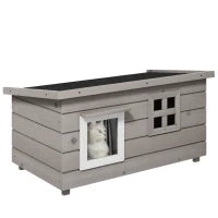 Casetta per Gatti con Tetto in Asfalto, Cuccia per Gatti con Finestra, Resistente alle Intemperie, Legno di Abete, 87 x 52 x 44 cm, Grigio e Nero
