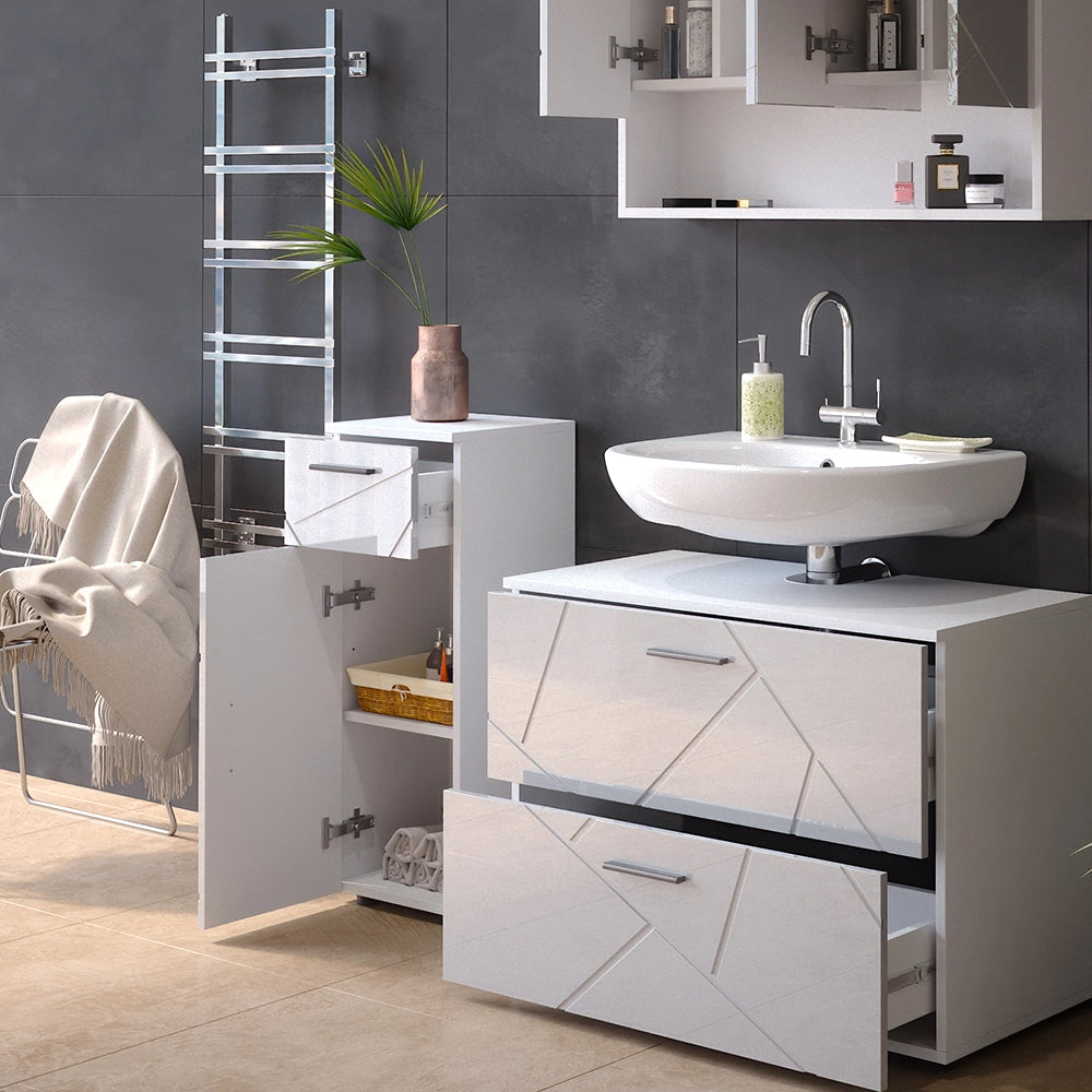 Vicco Set mobili bagno Bianco lucido 3 parti, con cassettiera e mobile midi