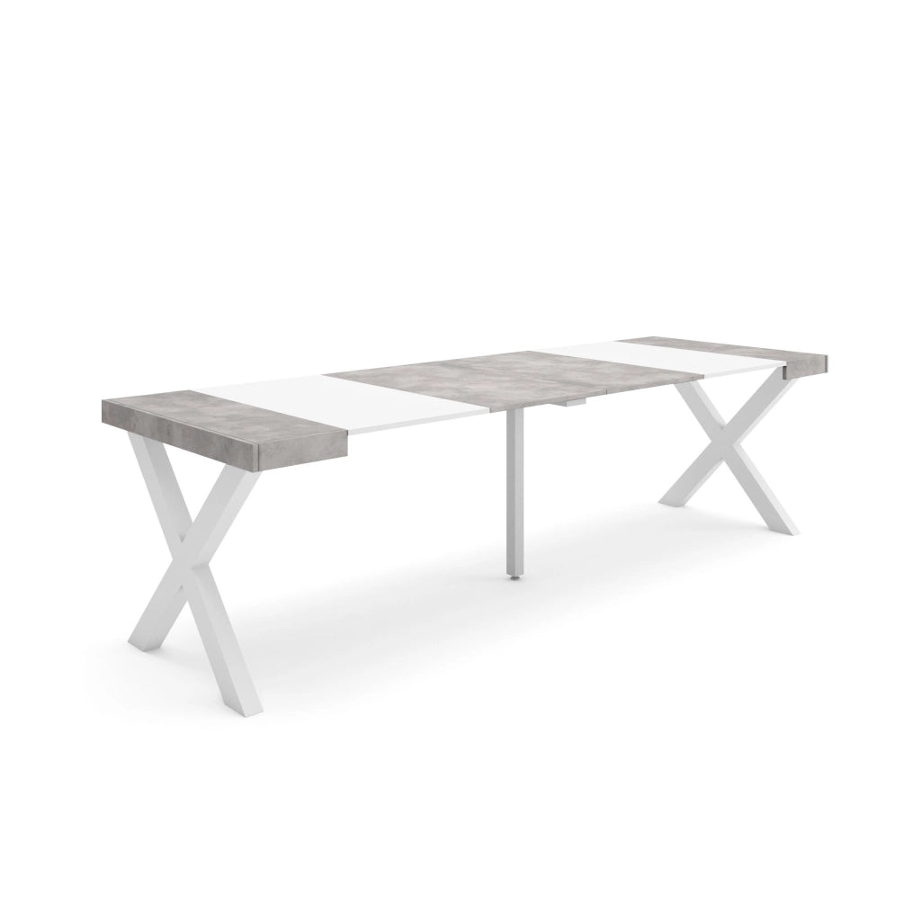 Consolle allungabile, 58 fino 262x90x73cm, Per 12 persone, Gambe in legno, Bianco e grigio cemento RF2818