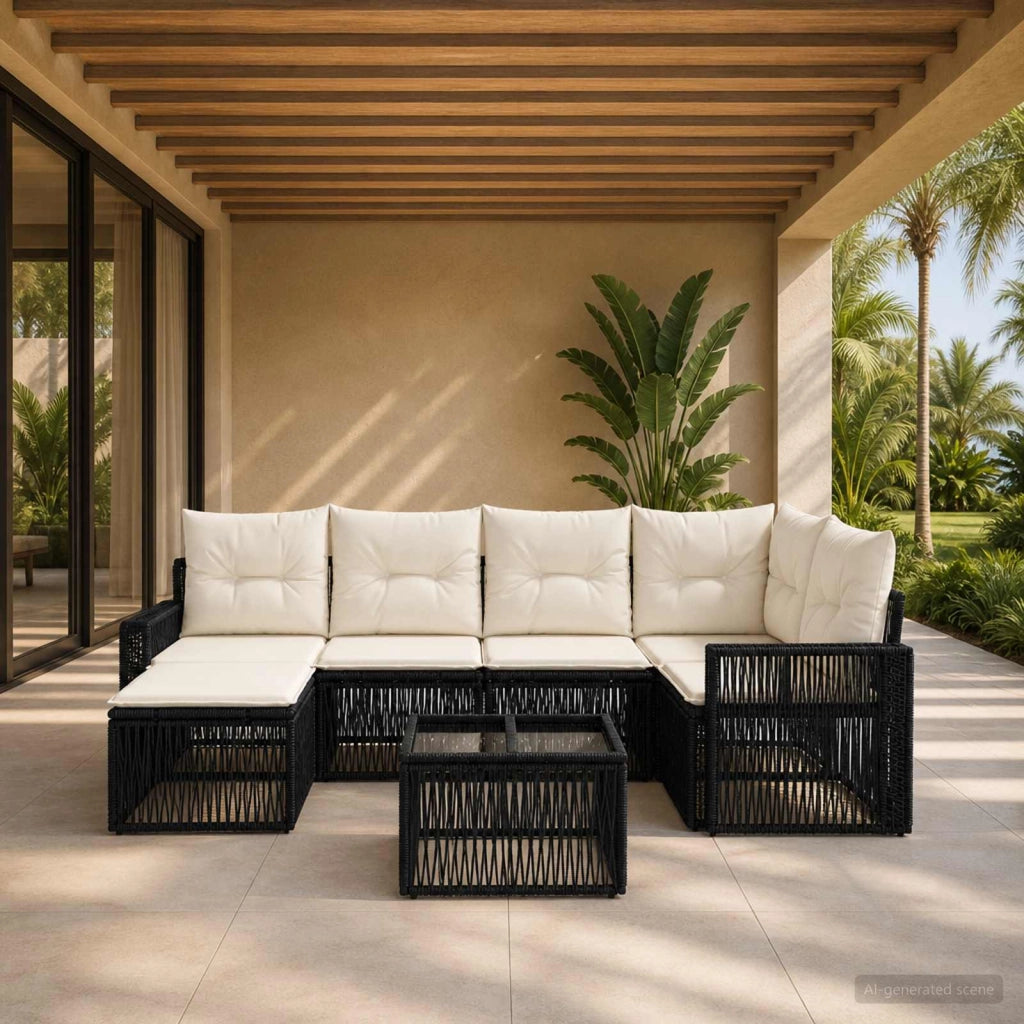 Set Divano da Giardino 7 pz Nero e Bianco Crema polyrattan 3435193
