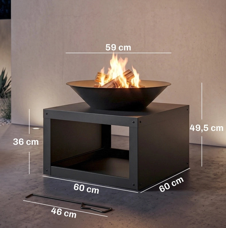 Braciere da esterno nero Ø59 cm con ripiano porta-legna e attizzatoio