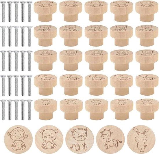 Viti di chiusura in legno 25 pezzi - rondi 3,5 cm - maniglioni animali - mobili da cucina, cassetti - cucina, ufficio, bagno.