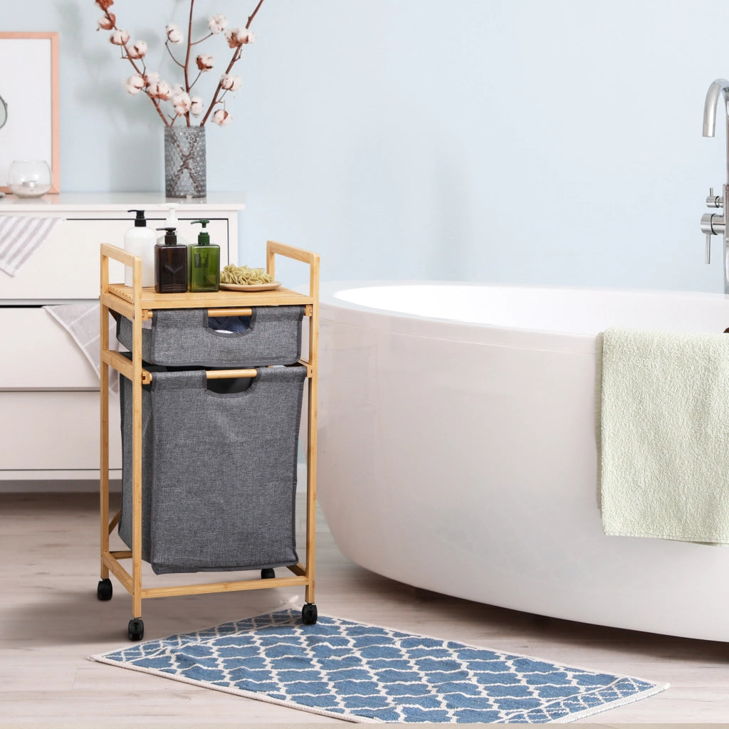 Cestino per Biancheria in Bamb¨´ con 2 Sacchetti e Ruote ¨C Zephmum ¨C Grigio 42x35x84,5 cm