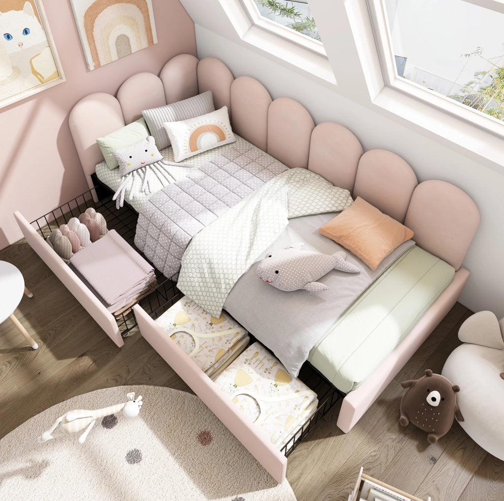 Letto singolo 90x200 cm con 2 cassetti; velluto rosa