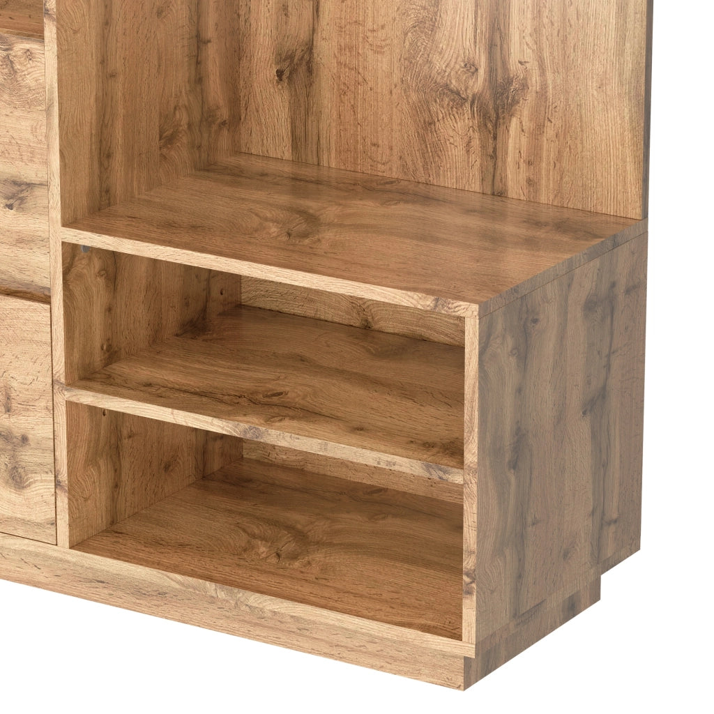 Mobile da ingresso con armadio con specchio, panca portascarpe, cassetti e ganci, in MDF naturale
