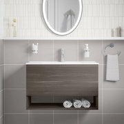 Mobile sospeso 80 cm rovere scuro con un cassetto, vano a giorno e lavabo | Sauris