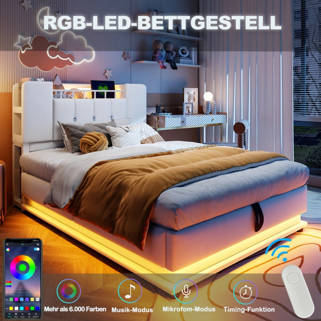Letto imbottito idraulico con LED e USB 90x200 cm colore beige