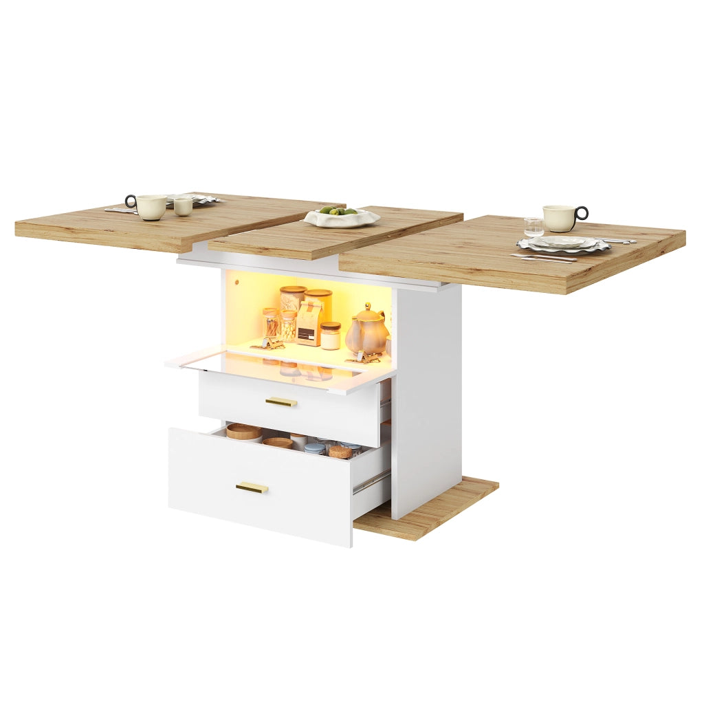 Tavolo da pranzo allungabile con led; vano contenitore integrato; 2 cassetti e 1 vano vetrato per cucina e sala da pranzo