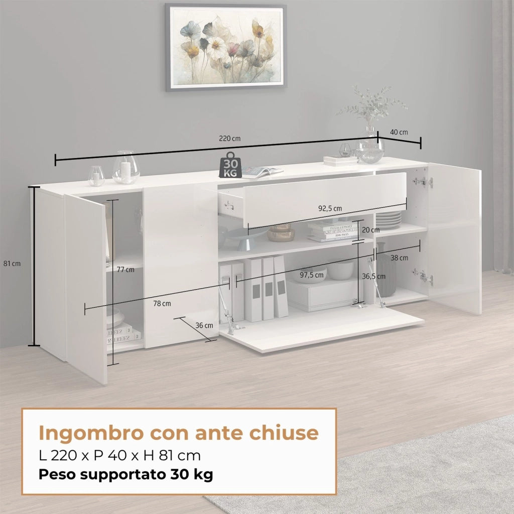 WHOUS Credenza Potenza con 3 ante 1 ribalta e 1 cassetto bianco lucido 220x40x81 cm