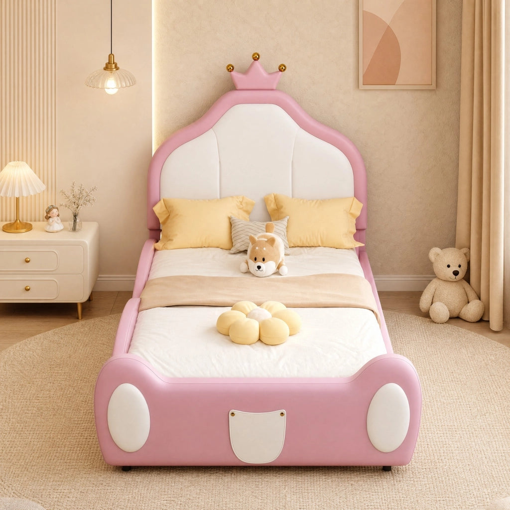 Letto imbottito per bambini 90x200 cm con testiera a corona; bianco e rosa