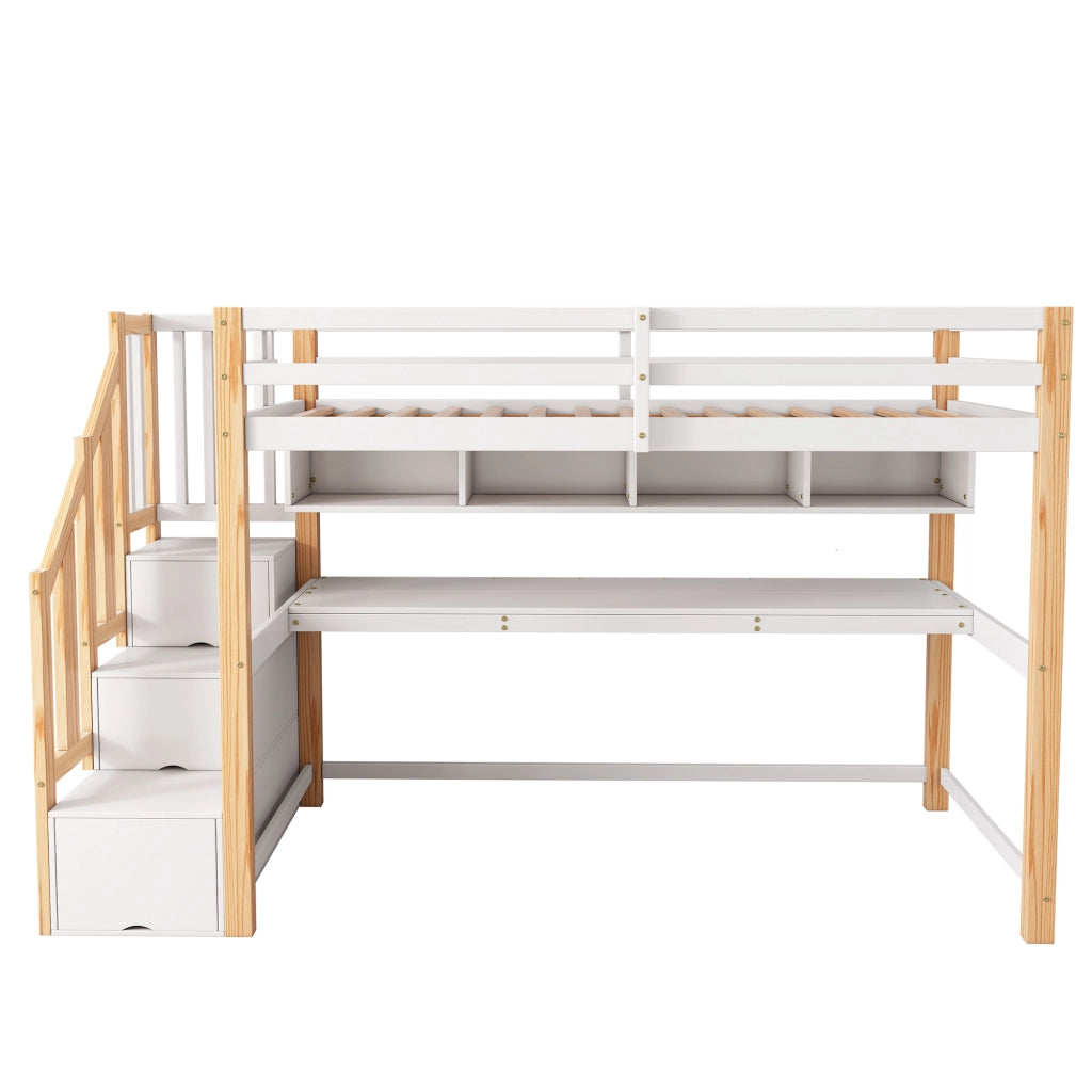 Letto a castello bianco e rovere con scrivania integrata e scaffali in legno massello 105x200 cm