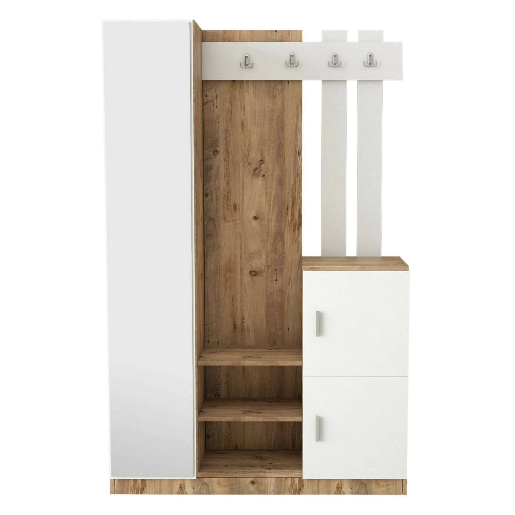 Mobile da ingresso Arco, Entratina appendiabiti, Composizione per atrio, Consolle portaoggetti multifunzione, 114x38h180 cm, Quercia e Bianco