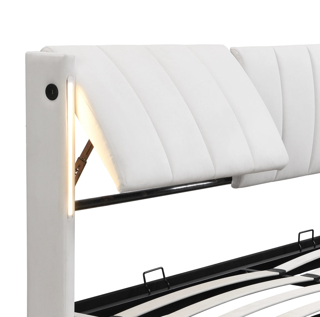 Letto imbottito 140x200 cm con USB; LED; rete a doghe; spazio contenitivo e testiera regolabile; bianco PU