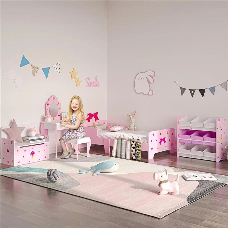 LETTO PER BAMBINI CON SPONDE E FANTASIA A FIOCCHI E CUORI, ETÀ 3-6 ANNI, 143X74X59CM, ROSA