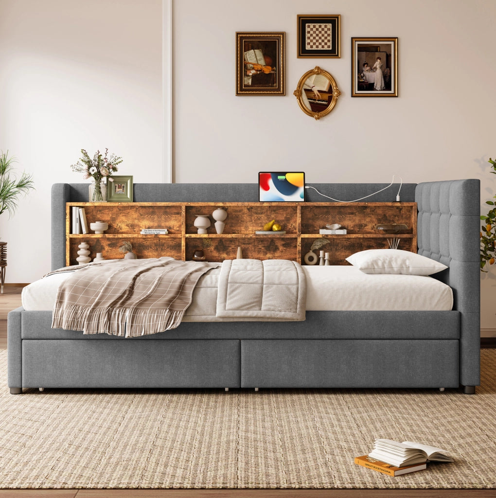 Letto da giorno ULEVR 90x200 cm con 2 cassetti, USB e Type-C, ripiani integrati, lino grigio