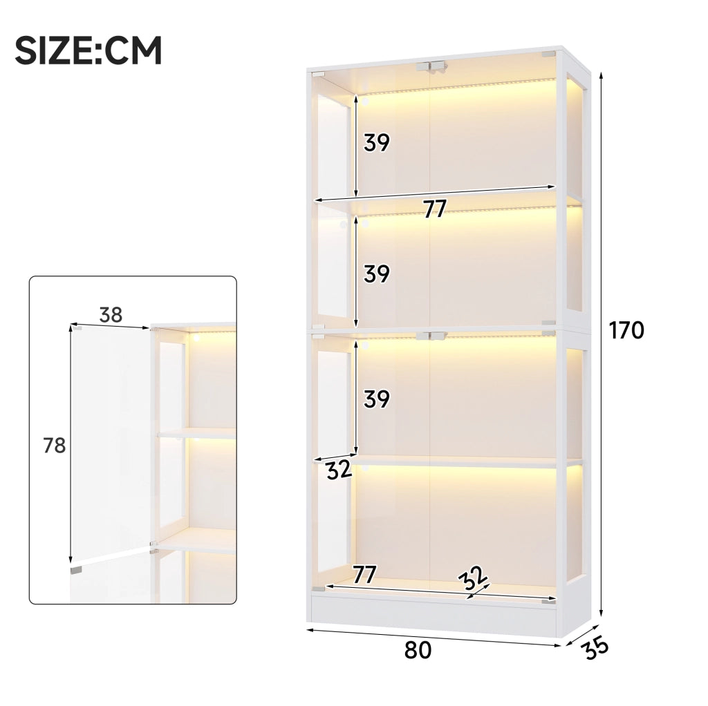 Vetrina espositiva LED 80 x 35 x 170 cm in MDF e vetro temperato bianco