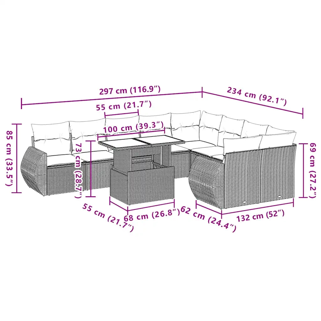 vidaXL Set Divani da Giardino 10pz con Cuscini in Polyrattan Marrone