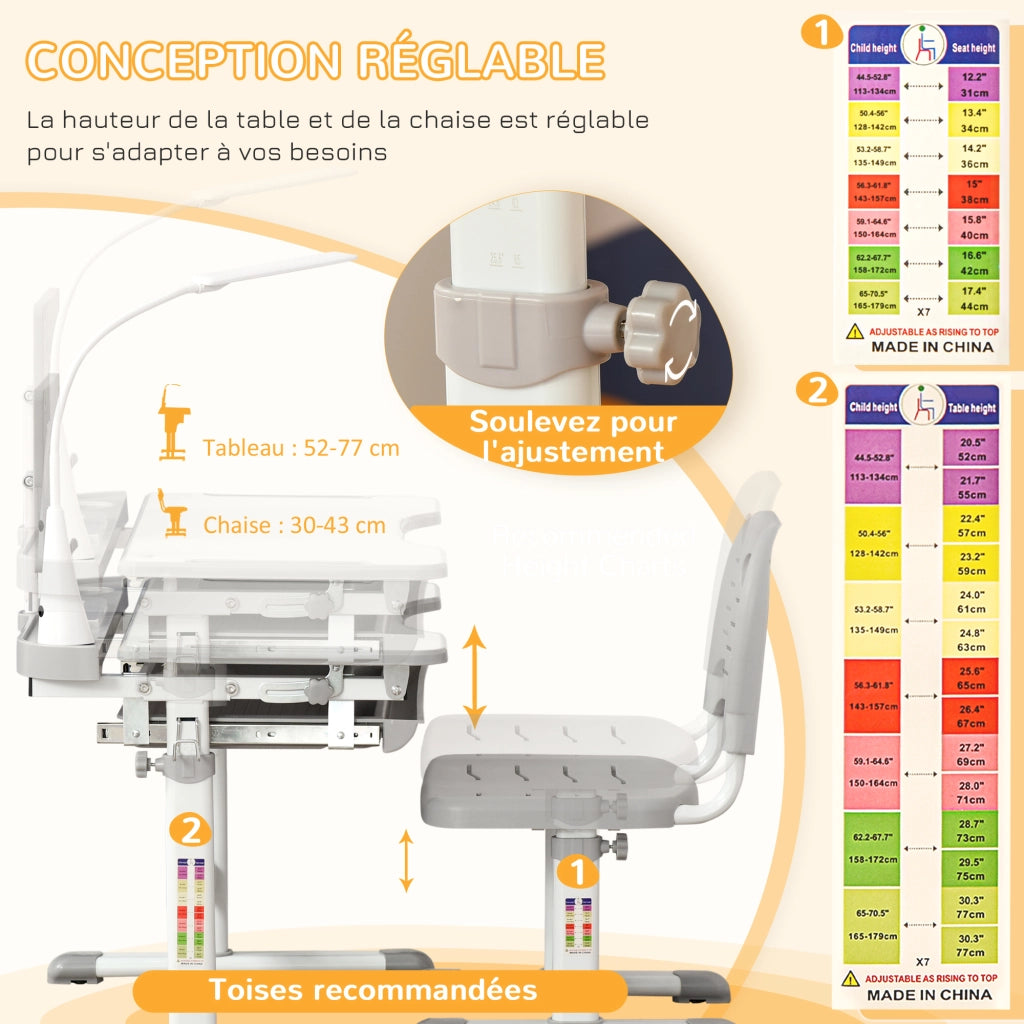Scrivania per bambini con sedia regolabile ¨C zephmum ¨C Grigio 90x50x75 cm