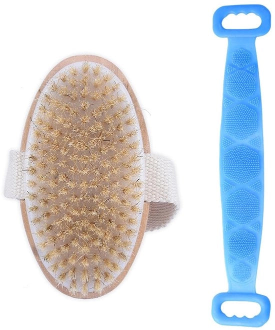 Borsetta secca con setole naturali e spazzola schiena, borsetta corpo con setole naturali, spazzola esfoliante, spazzola schiena con massaaggio e silicone, spazzola schiena esfoliante e massaggiante con doppia faccia, per esfoliazione e massaggi
