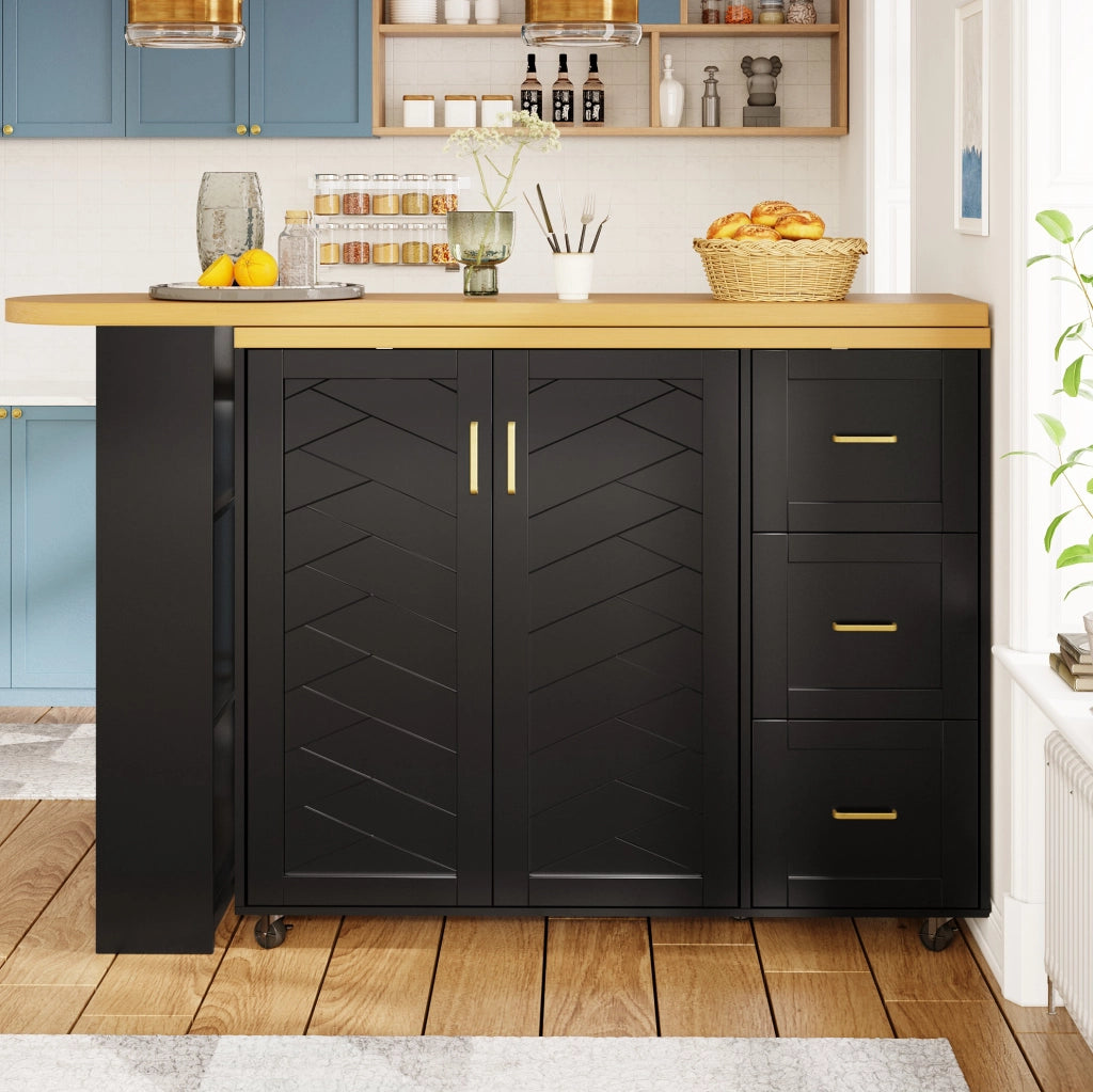 Carrello bar allungabile 135-228 cm con 2 ante e 3 cassetti nero HOMVRA