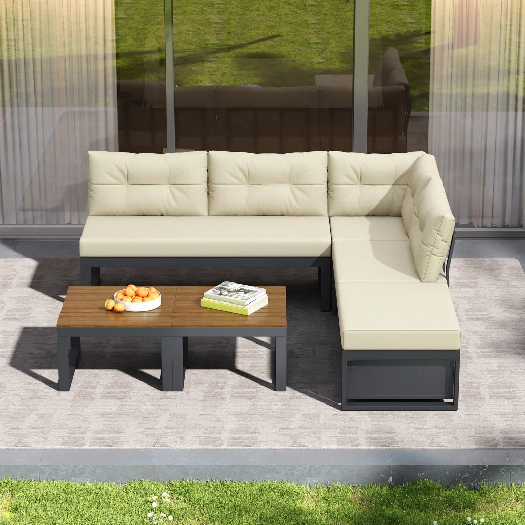 OKWISH Set mobili da giardino divano modulare con tavolino e vano contenitore in poliestere beige
