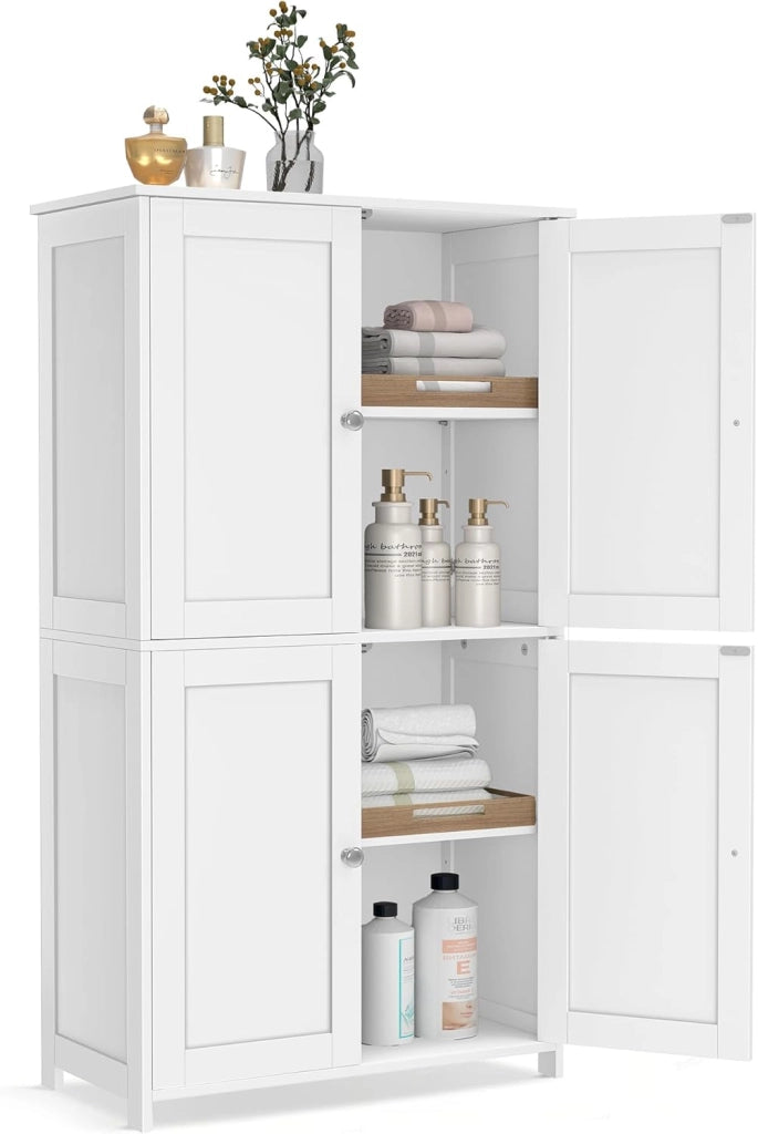 VASAGLE Mobiletto da Bagno, Armadietto con 2 Ripiani Regolabili, Portaoggetti con 4 Ante, Unità Alta Autoportante, per Cucina, Bianco Nuvola BBC553WH01