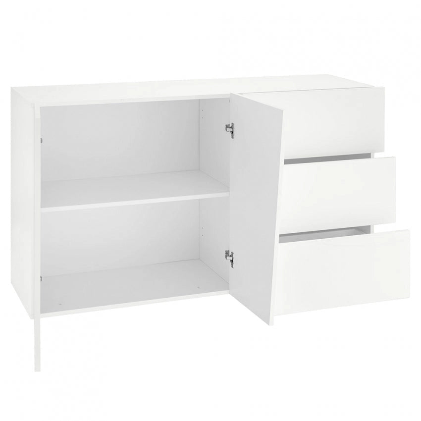 Credenza moderna VEGA con 2 ante battenti e 3 cassetti, bianco lucido 140