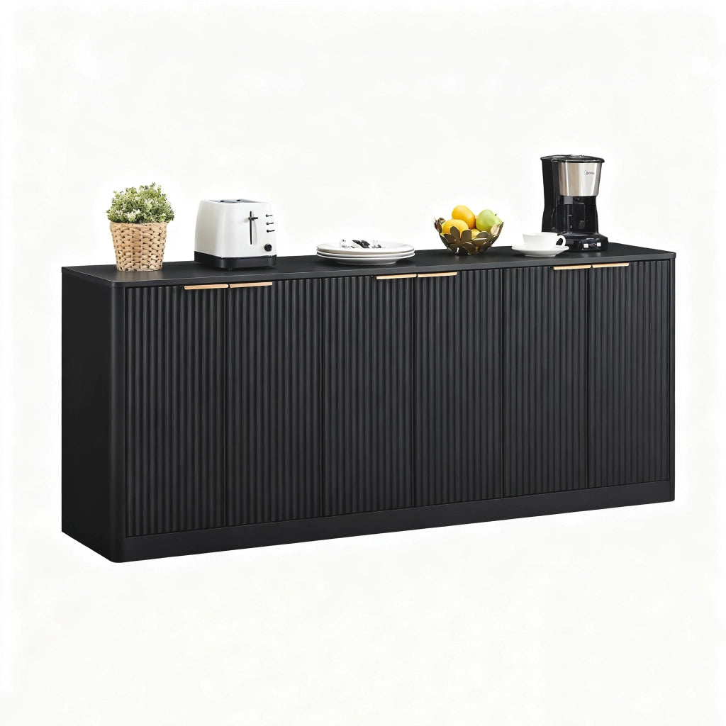 Credenza e madia con 6 ante, design ondulato, per soggiorno e cucina, in MDF, nero, 170 × 40 × 70.5 cm