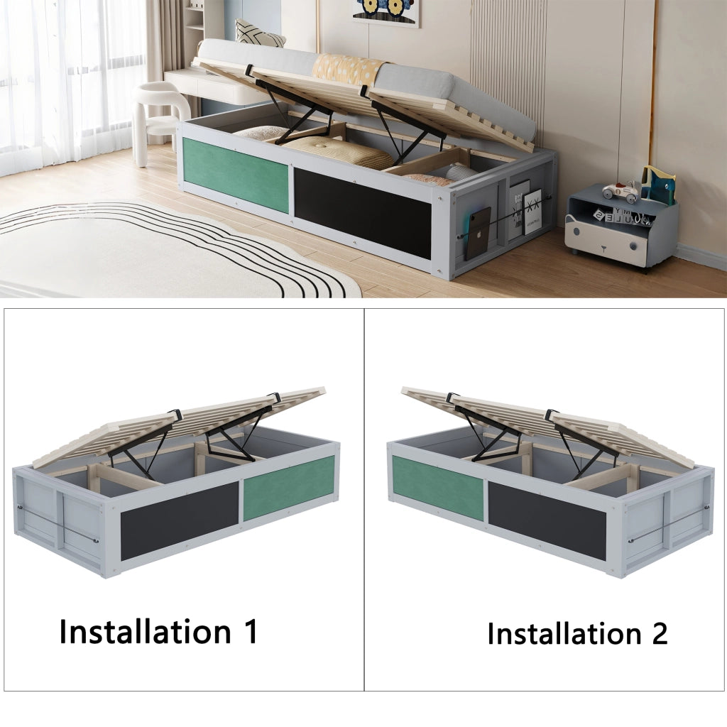 Letto Singolo in Legno 90x200 cm per Bambini Grigio con Contenitore Idraulico e Lavagna