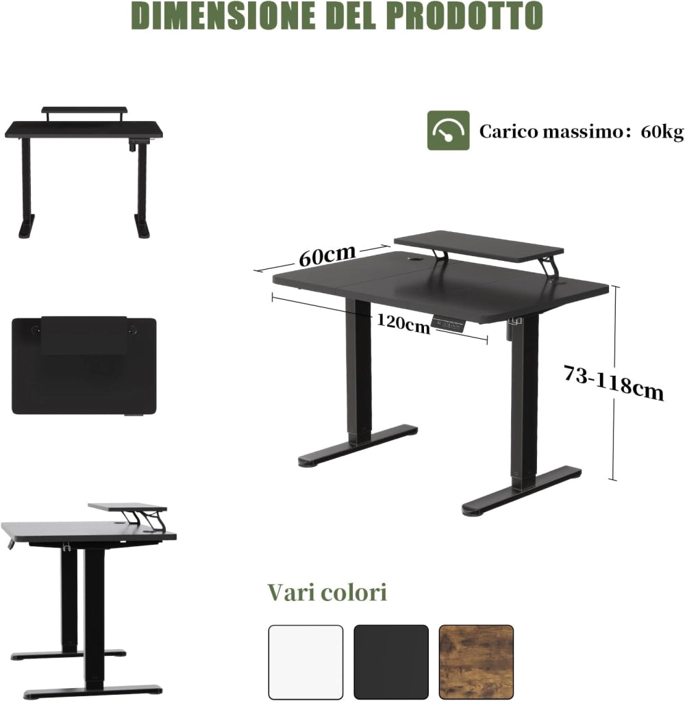 120 x 60 cm Scrivania Regolabile in Altezza con Supporto per Monitor, Regolabile con 2 Altezze di Memoria, Per Camera da Letto, Studio, Ufficio(Nero)