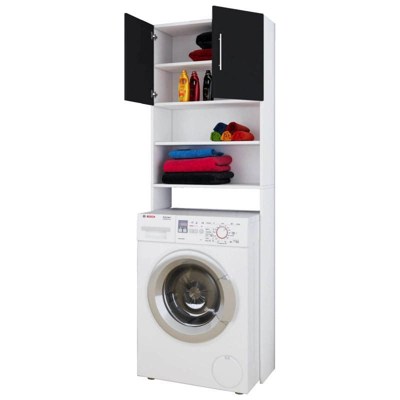Colonna Lavanderia – Coprilavatrice con Ripiani In Legno Bianco e Nero H190 × L64 × P25 cm Soluzione Salvaspazio per Lavanderia