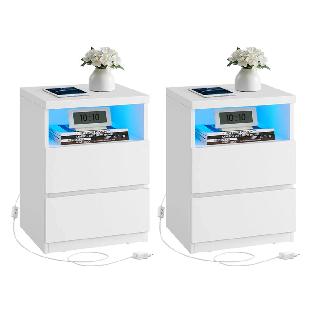 Comodino con illuminazione LED regolabile tavolino con cassetti cassettiera comodino per camera da letto soggiorno stile moderno bianco 12_0007604
