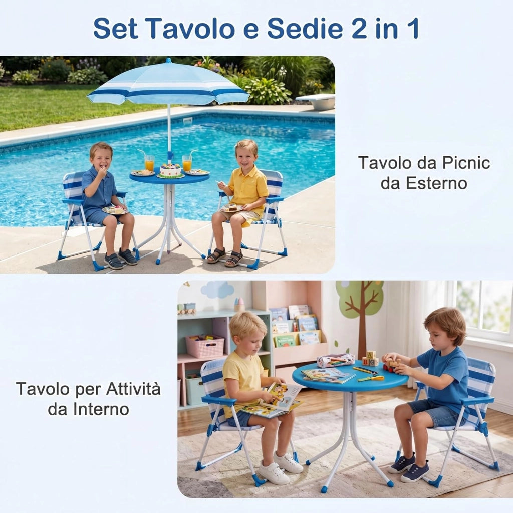 Set Tavolo e Sedie da Giardino per Bambini con Ombrellone (Blu) | Set da Esterno per Bambini 4 Pezzi con Tavolino Rotondo, 2 Sedie Pieghevoli e Ombrellone Regolabile in Altezza per Campeggio