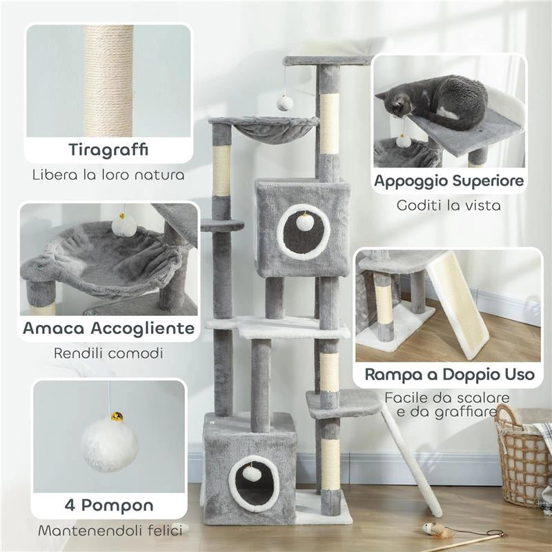 ALBERO TIRAGRAFFI PER GATTI CON 2 CASETTE, RAMPA, TRESPOLI E 4 PALLINE, 48X40X165 CM, GRIGIO E BIANCO