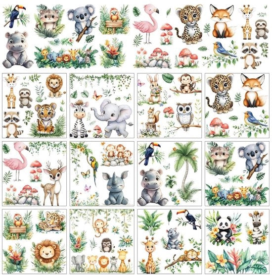 Decorazione per la stanza dei bambini - 12 fogli - Stickermura con tema giardino zoo - Stickermura abrasivi - Decorazione ideale per la scuola materna - Figure di cartoni animati - Stickermura per muro