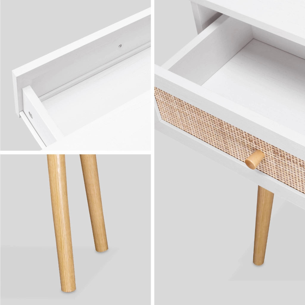 Consolle scandinava con effetto legno e canna, 100cm, bianco sporco