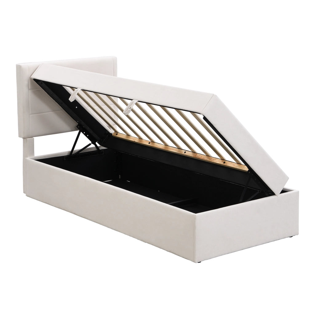 Letto singolo 90x200 cm con rete a doghe, contenitore sottoletto, beige, senza materasso