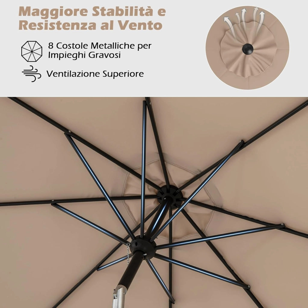 Ombrellone da Giardino, Diametro 290 cm, Ombrello da Spiaggia con Manovella e Inclinazione Regolabile, Ideale per Spiaggia, Balcone, Giardino (Beige)
