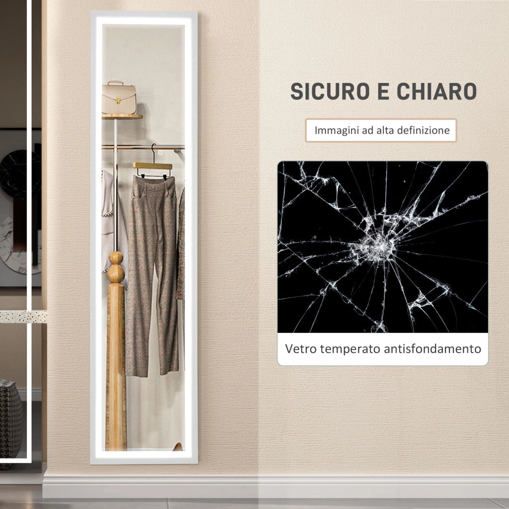 Specchio Illuminato con Luci LED Regolabili e Pulsante Touch 40x5x160 cm in Vetro e MDF Bianco