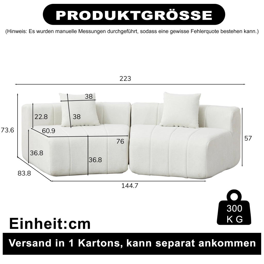 DIVANO Modulare curvo in chenille beige con 2 cuscini