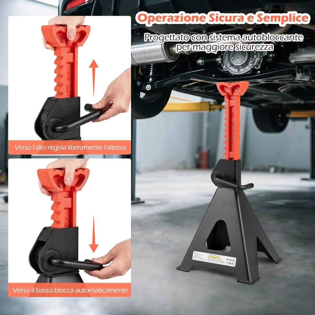 Set di 2 Cavalletti per Auto 12 T, Coppia di Cavalletti di Sostegno con Blocco della Maniglia e Altezza Regolabile 48-75 cm, Cavalletti per Cric per SUV, Berlina, Pickup e UTV