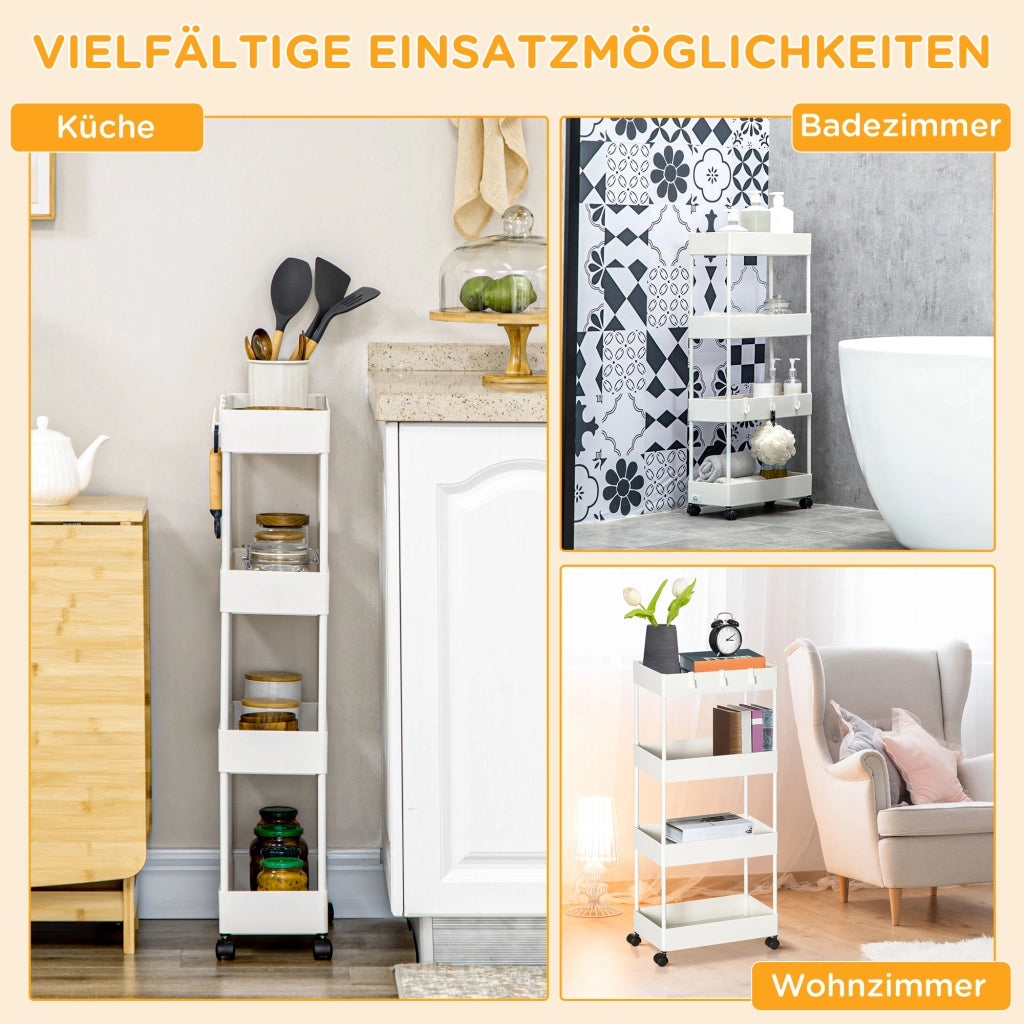 Scaffale da cucina su ruote con 4 ripiani, ripiano portaoggetti con ruote e freni, versatile, bianco