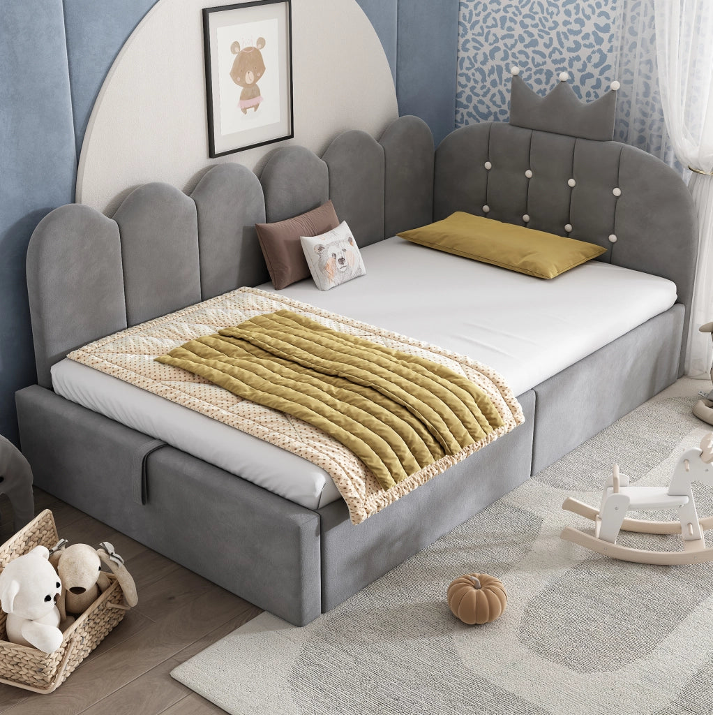 Letto da giorno imbottito 90x200 cm con contenitore idraulico; velluto grigio
