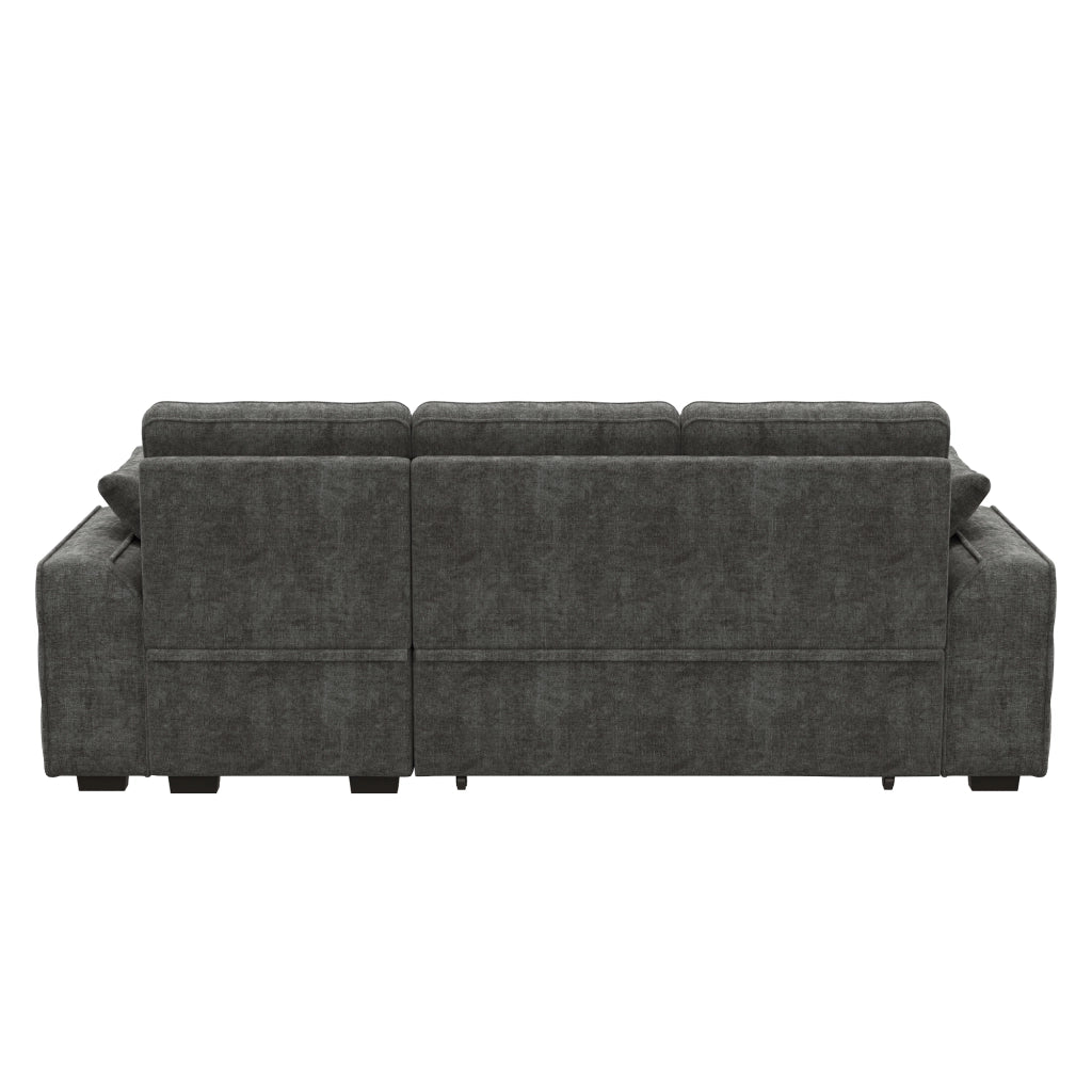 Divano angolare 3 posti in chenille con contenitore, letto estraibile, tavolino con portabicchieri e porta USB, grigio 237x141x86 cm