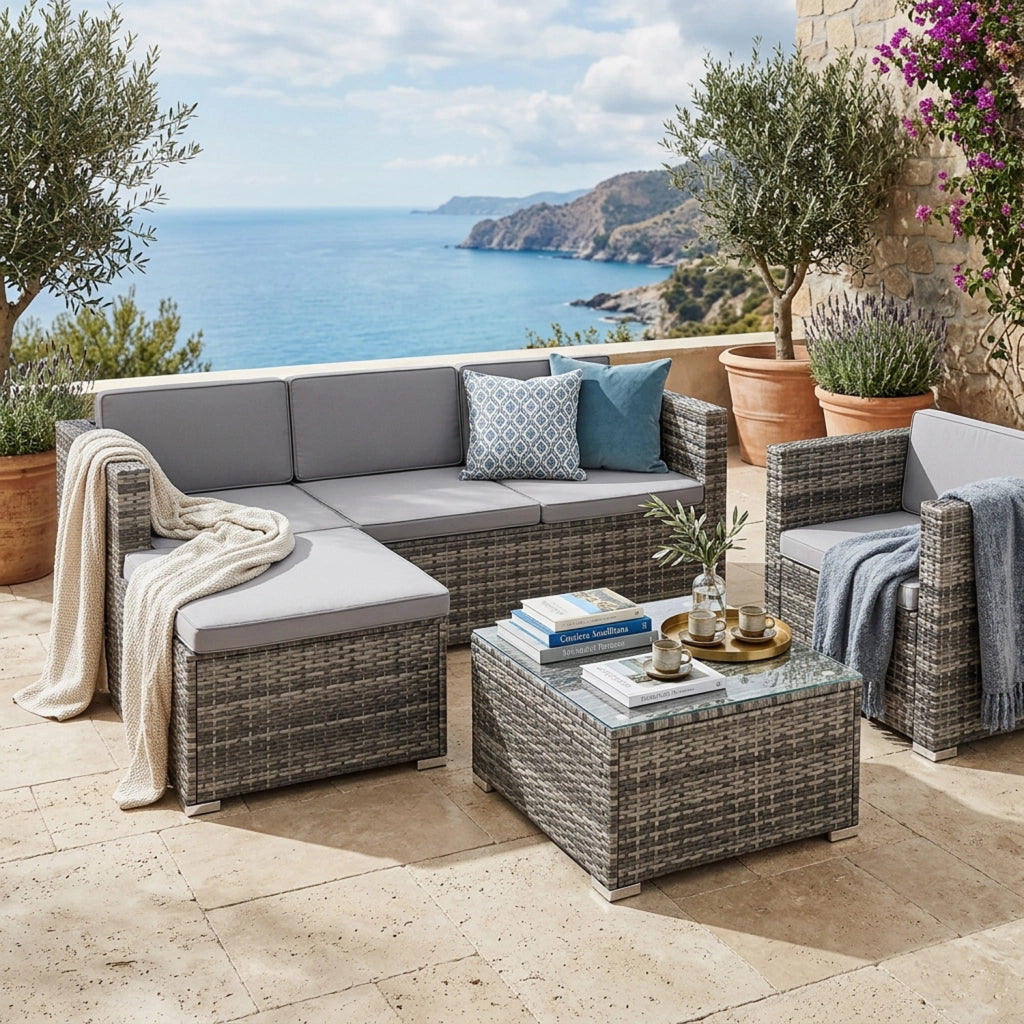 Set Salotto Da Esterno In Polyrattan Modulare Con Cuscini E Tavolino Struttura Personalizzabile Per 4/5 Persone Ideale Per Terrazza Patio Outdoor Grigio